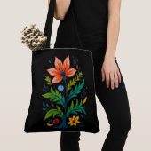 Black Canvas Folk Art Flower Tree Dark Boho トートバッグ (クローズアップ)