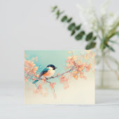 Black Capped Chickadee on Peach Autumn Leaf Branch ポストカード (スタンド正面)