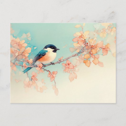 Black Capped Chickadee on Peach Autumn Leaf Branch ポストカード (正面)