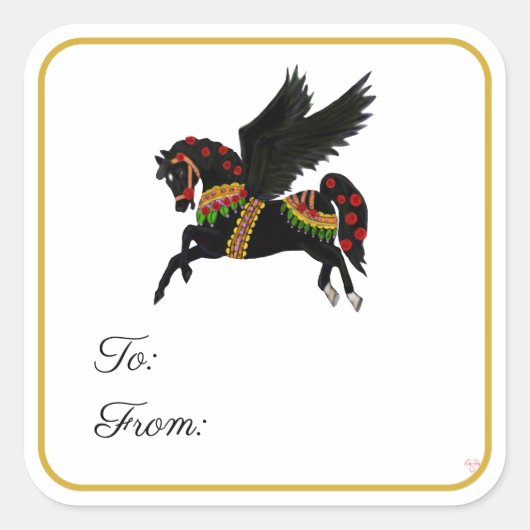 Black Carousel Pegasus Gift Label Sticker スクエアシール (正面)