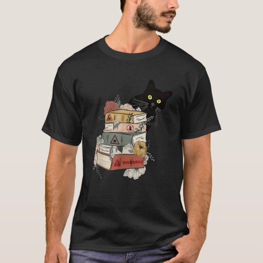 Black Cat And Books Flowers Reading Club Cat Lover Tシャツ (正面)