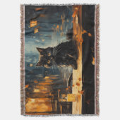 Black Cat and Cafe at Night スローブランケット (正面縦)