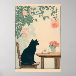 Black Cat And Coffee Print Ukiyo-e Japandi Art ポスター
