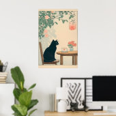 Black Cat And Coffee Print Ukiyo-e Japandi Art ポスター (ホームオフィス)