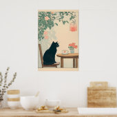 Black Cat And Coffee Print Ukiyo-e Japandi Art ポスター (キッチン)