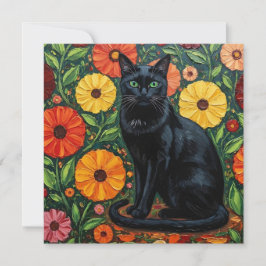 Black Cat and Colorful Folk Art Flowers カード