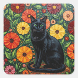 Black Cat and Colorful Folk Art Flowers スクエアシール