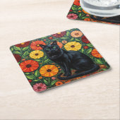 Black Cat and Colorful Folk Art Flowers スクエアペーパーコースター (アングル)