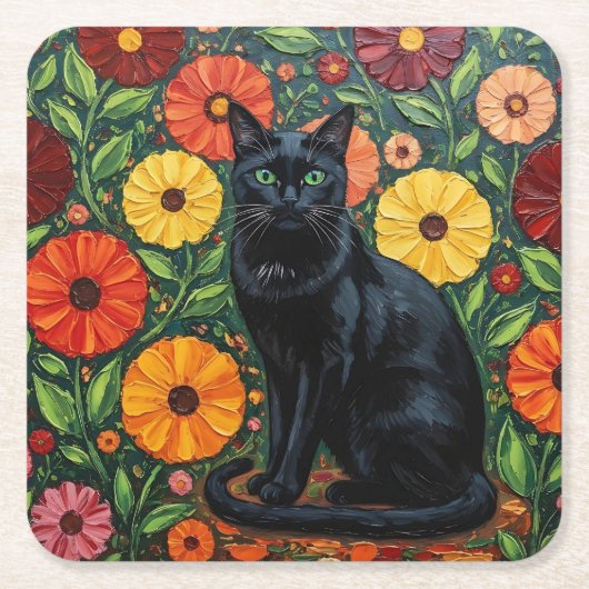 Black Cat and Colorful Folk Art Flowers スクエアペーパーコースター (正面)