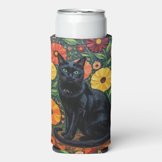 Black Cat and Colorful Folk Art Flowers スリム缶クーラー (Seltzer正面)
