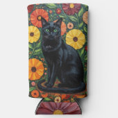 Black Cat and Colorful Folk Art Flowers スリム缶クーラー (正面)