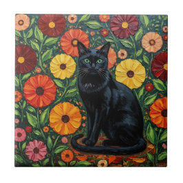 Black Cat and Colorful Folk Art Flowers タイル
