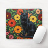 Black Cat and Colorful Folk Art Flowers マウスパッド (マウス)