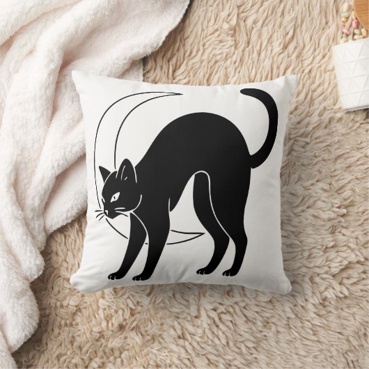 Black Cat and Crescent Moon Line Art クッション (ブランケット)