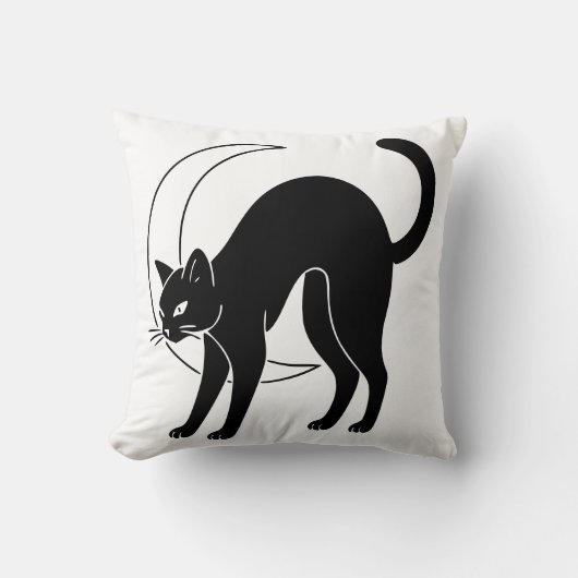 Black Cat and Crescent Moon Line Art クッション (正面)