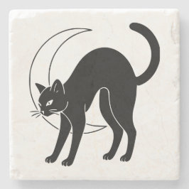 Black Cat and Crescent Moon Line Art ストーンコースター
