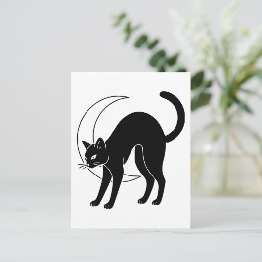 Black Cat and Crescent Moon Line Art ポストカード (スタンド正面)