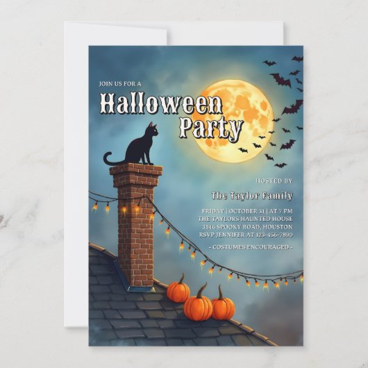 Black Cat and Full Moon Halloween Party 招待状 (正面)