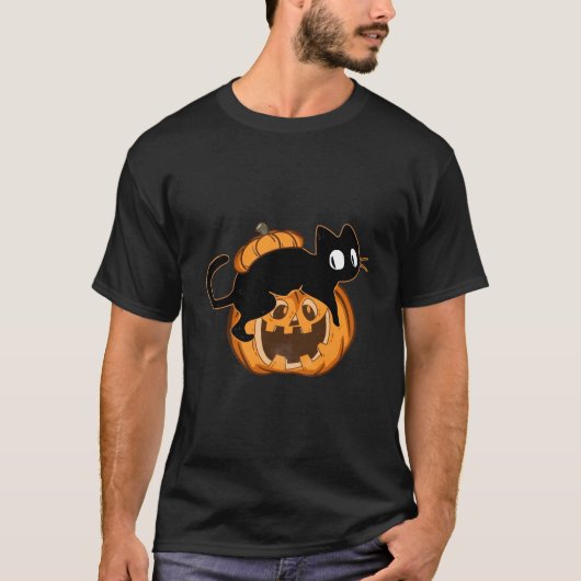Black Cat And Pumpkin Halloween Tシャツ (正面)