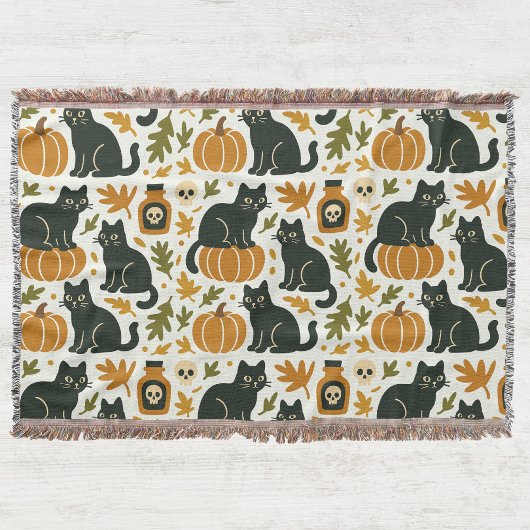 Black Cat and Pumpkin Woven スローブランケット