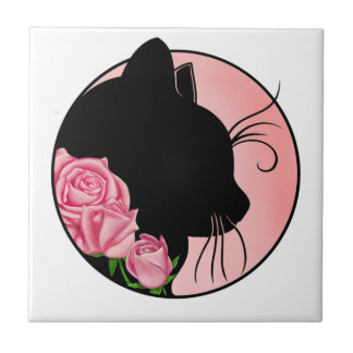 Black cat and roses タイル