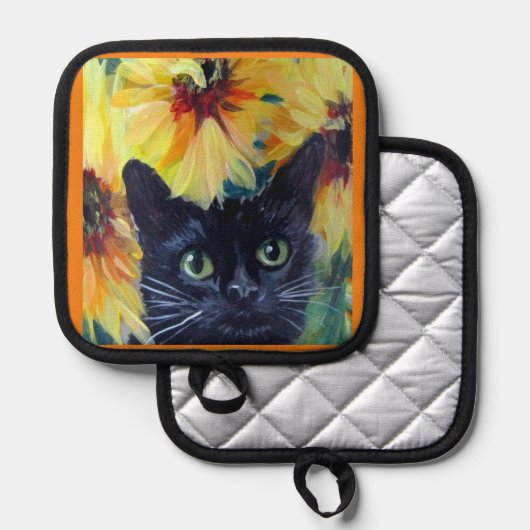 Black cat and sunflowers Oven Mitts & Pot Holders 鍋敷き (正面/裏面)