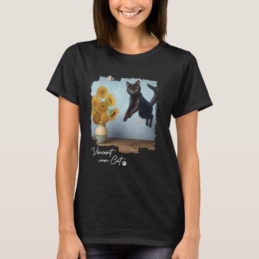 Black Cat Art Sunflowers、Vincent van Cat、おもしろいC Tシャツ (正面)