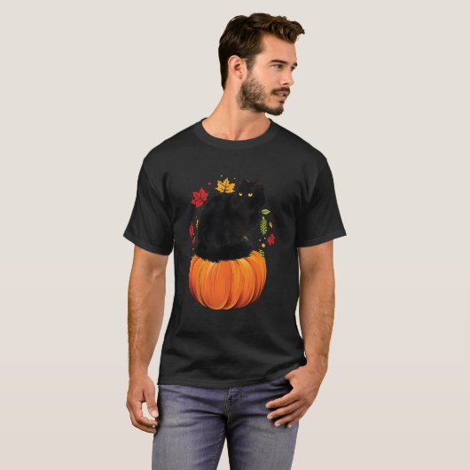 Black Cat Autumn Fall Season Pumpkin Thanksgiving  Tシャツ (正面フル)