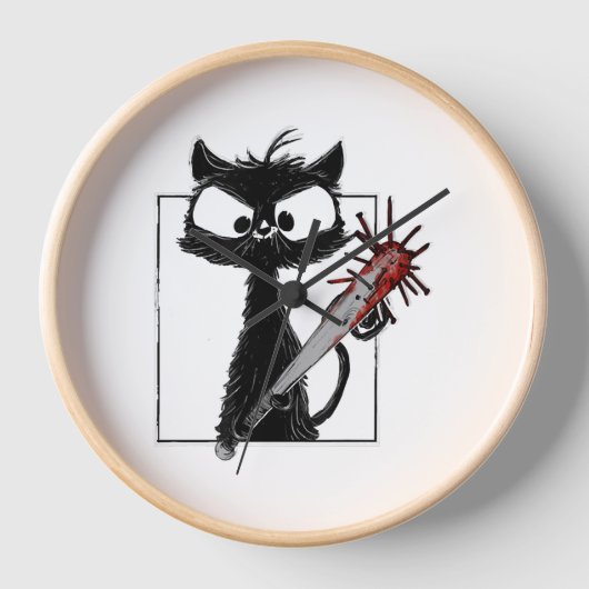 Black Cat Baseball Horror Halloween 壁時計 (正面)