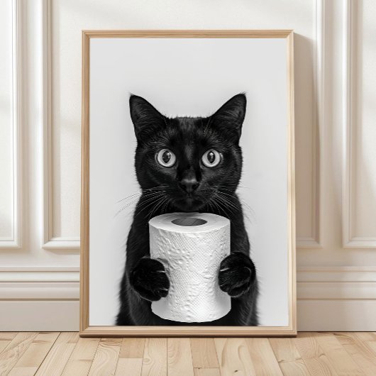 Black Cat Bathroom Print, Cat Holding Toilet Roll, ポスター