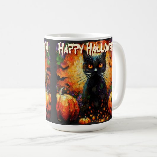 Black Cat Bats Pumpkins Whimsical Personalized コーヒーマグカップ (正面右)