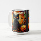 Black Cat Bats Pumpkins Whimsical Personalized コーヒーマグカップ (正面左)