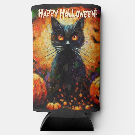 Black Cat Bats Pumpkins Whimsical Personalized スリム缶クーラー (正面)