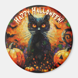 Black Cat Bats Pumpkins Whimsical Personalized マグネット