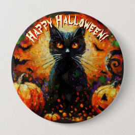 Black Cat Bats Pumpkins Whimsical Personalized 缶バッジ
