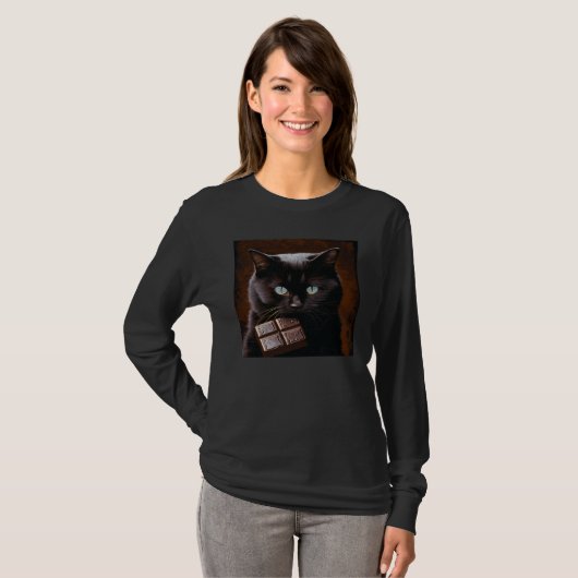 Black Cat Biting Chocolate Tシャツ (正面フル)