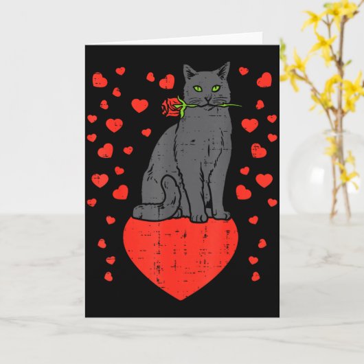 Black Cat Biting Rose Hearts Valentines Day Animal カード (黄色い花)