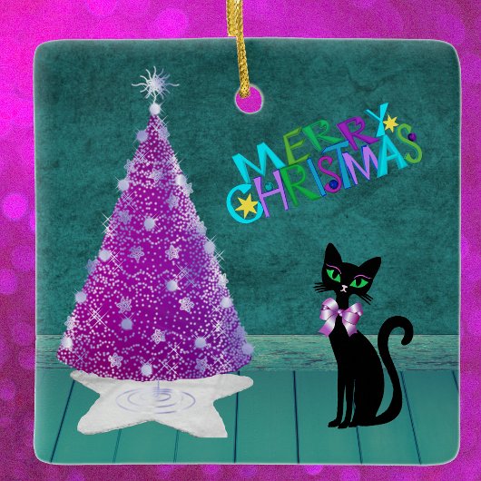  Black Cat Bow by Pink Tree Teal Merry Christmas セラミックオーナメント