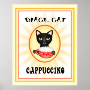 Black Cat Cappuccino Vintage Art Design ポスター