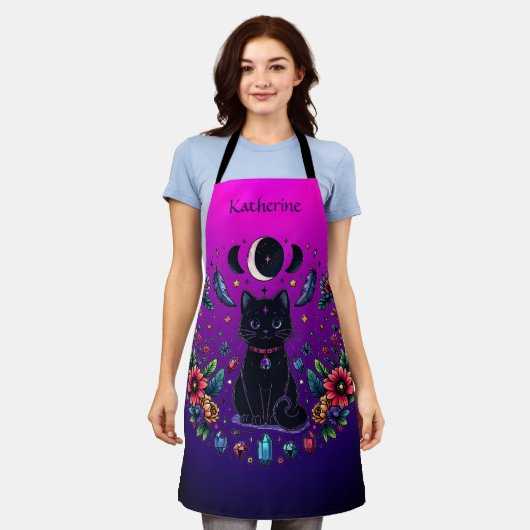 Black Cat Celestial Mystical Purple Pink エプロン (着用した状態)