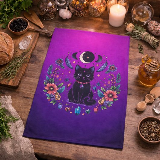 Black Cat Celestial Mystical Purple Pink キッチンタオル