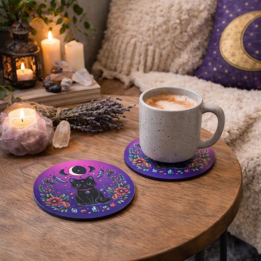 Black Cat Celestial Mystical Purple Pink コースター