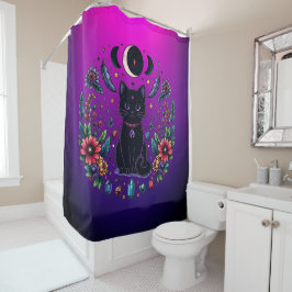 Black Cat Celestial Mystical Purple Pink シャワーカーテン
