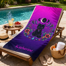 Black Cat Celestial Mystical Purple Pink ビーチタオル