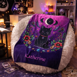 Black Cat Celestial Mystical Purple Pink フリースブランケット