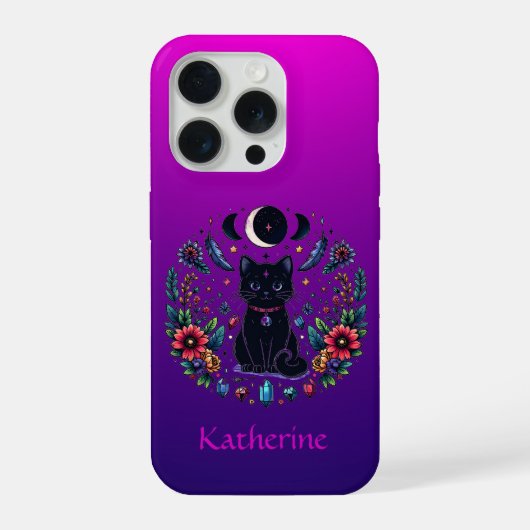 Black Cat Celestial Mystical Purple Pink iPhoneケース (裏面)
