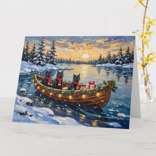 Black Cat Christmas Boat Holiday カード (黄色い花)
