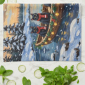 Black Cat Christmas Boat Holiday キッチンタオル (折り畳み)