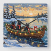Black Cat Christmas Boat Holiday スクエア壁時計 (正面)