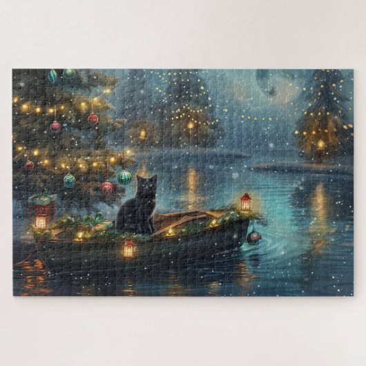 Black Cat Christmas Festive Voyage ジグソーパズル (横)